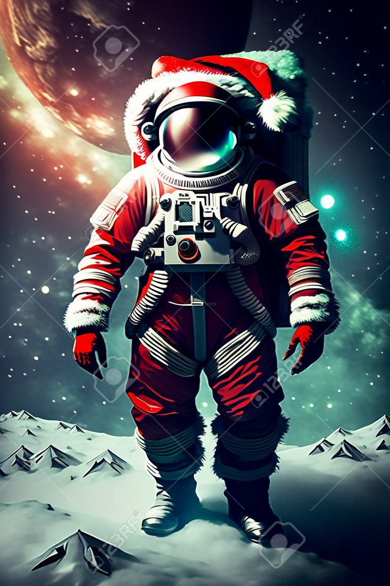 Father christmas dressed as a futuristic astronaut in outer space. Generative ai
