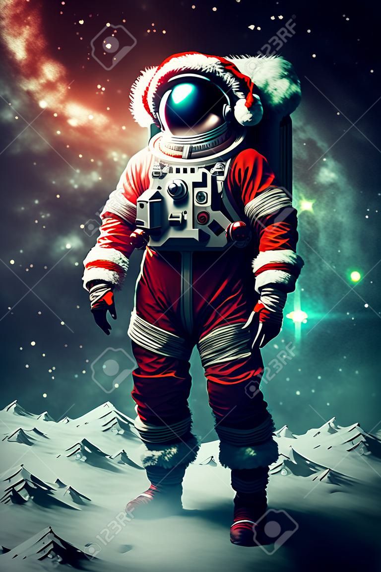 Father christmas dressed as a futuristic astronaut in outer space. Generative ai
