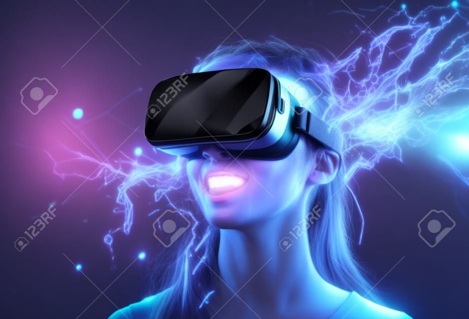 Kobieta nosi okulary wirtualnej rzeczywistości. technologia cyfrowa przyszłości. koncepcja metaverse i gier. generatywny ai