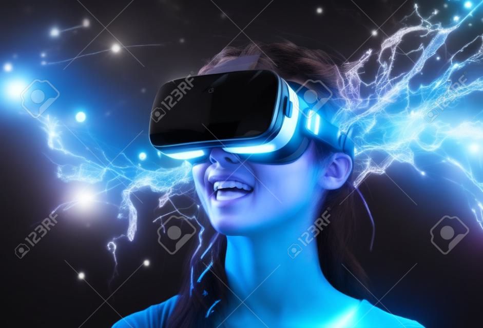 Woman wearing virtual reality goggles. Future digital technology. Metaverse and gaming concept. Generative ai