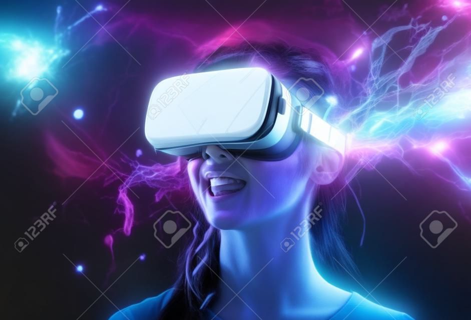 Vrouw dragen virtual reality bril. Toekomst digitale technologie. Metaverse en gaming concept. Generatieve ai