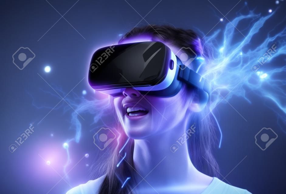 Kobieta nosi okulary wirtualnej rzeczywistości. technologia cyfrowa przyszłości. koncepcja metaverse i gier. generatywny ai