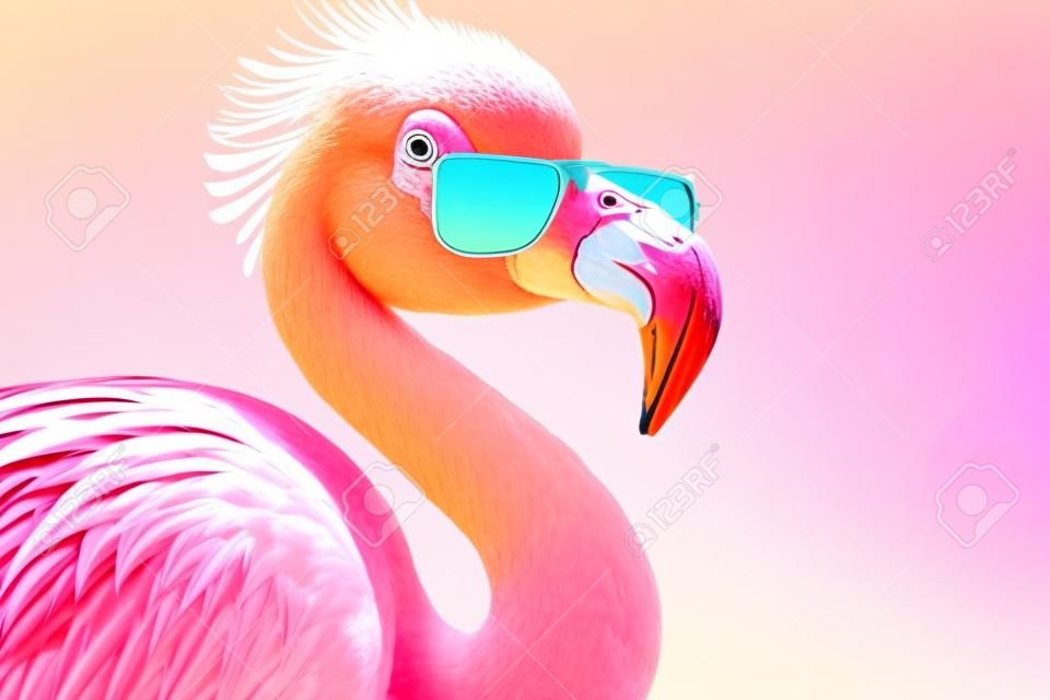 Pink flamingo wearing summer sunglasses. Summer background. Generative ai