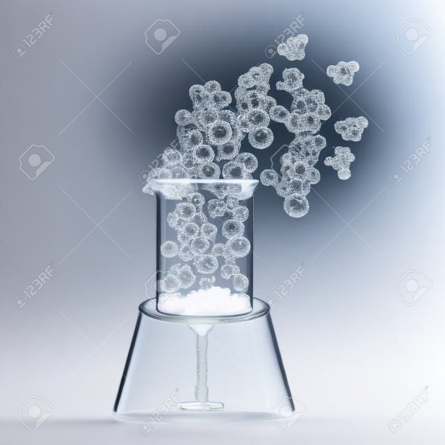 Expérience chimique montrant un bécher chauffant avec des cristaux et de la fumée. La sublimation de l'iodine.