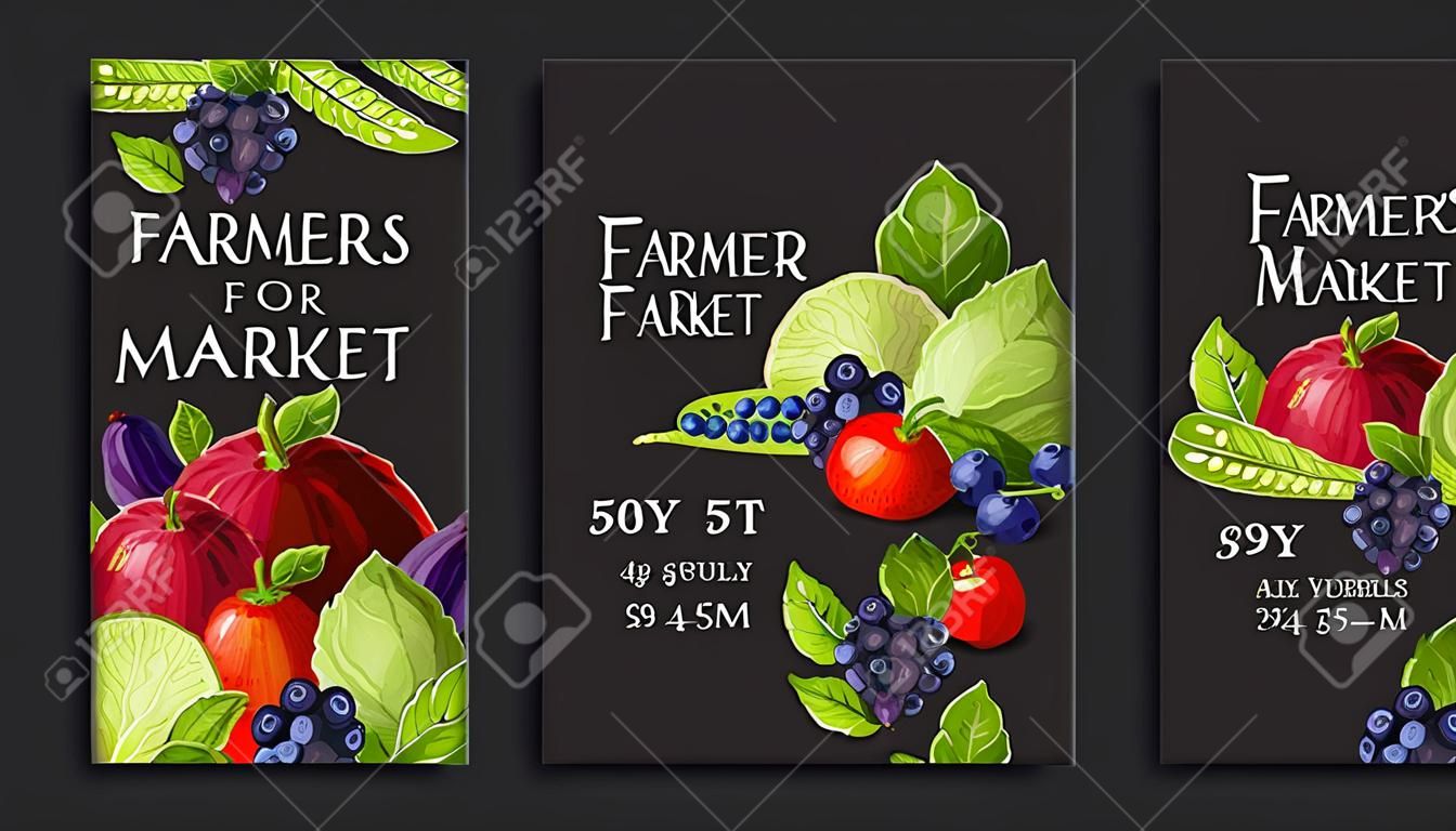 Farmers market poster template set with fresh vegetables and fruits and text on black background.