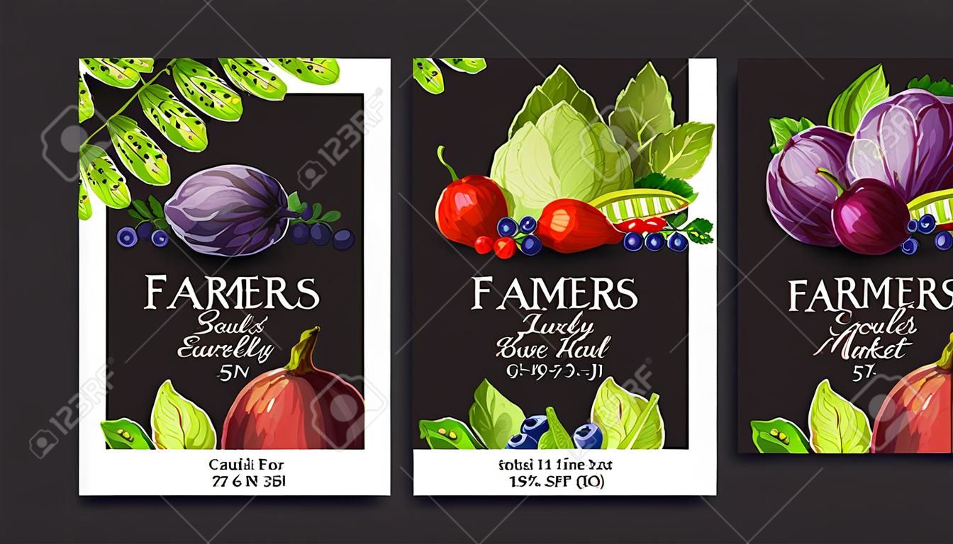 Modèle d'affiche de marché de producteurs avec légumes et fruits frais et texte sur fond noir.