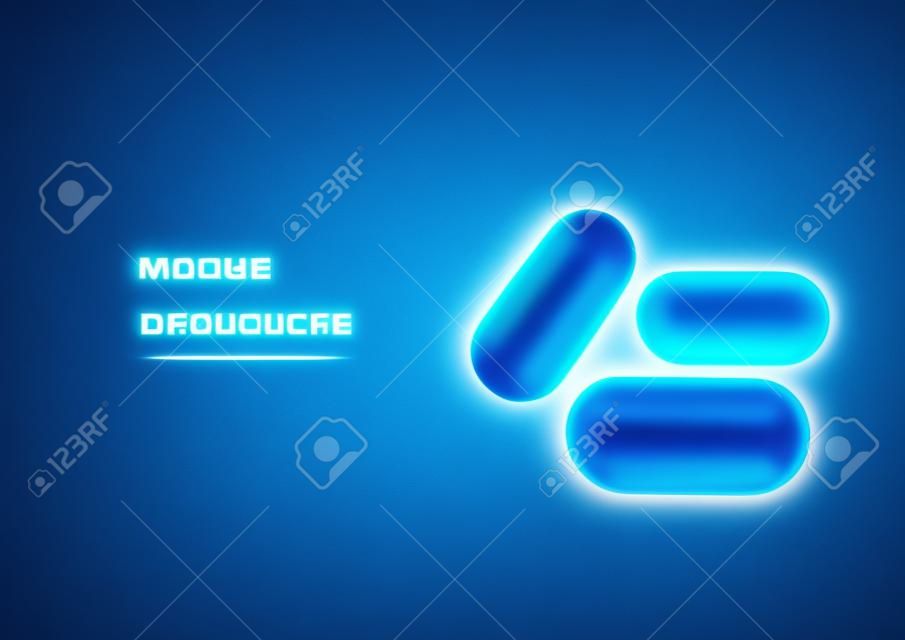 Futuristic brilhante baixas cápsulas de drogas poligonais e texto inovação médica no fundo azul escuro.