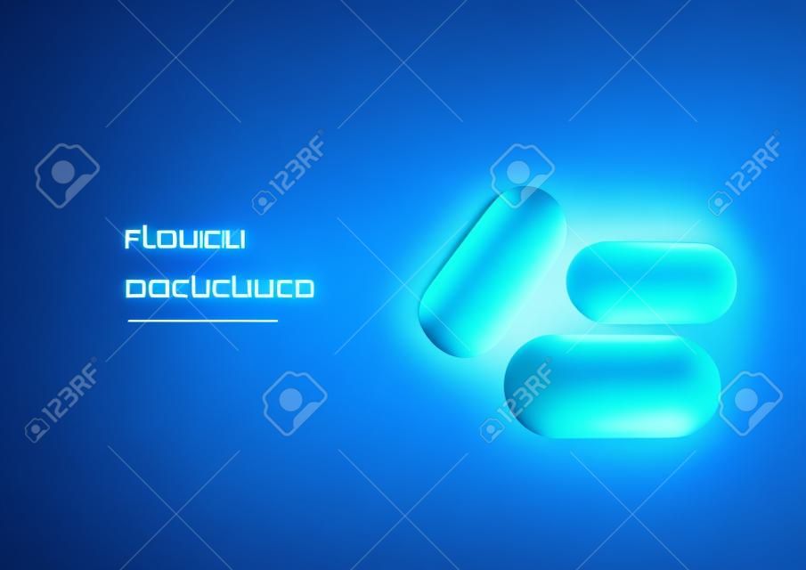 Futuristic brilhante baixas cápsulas de drogas poligonais e texto inovação médica no fundo azul escuro.
