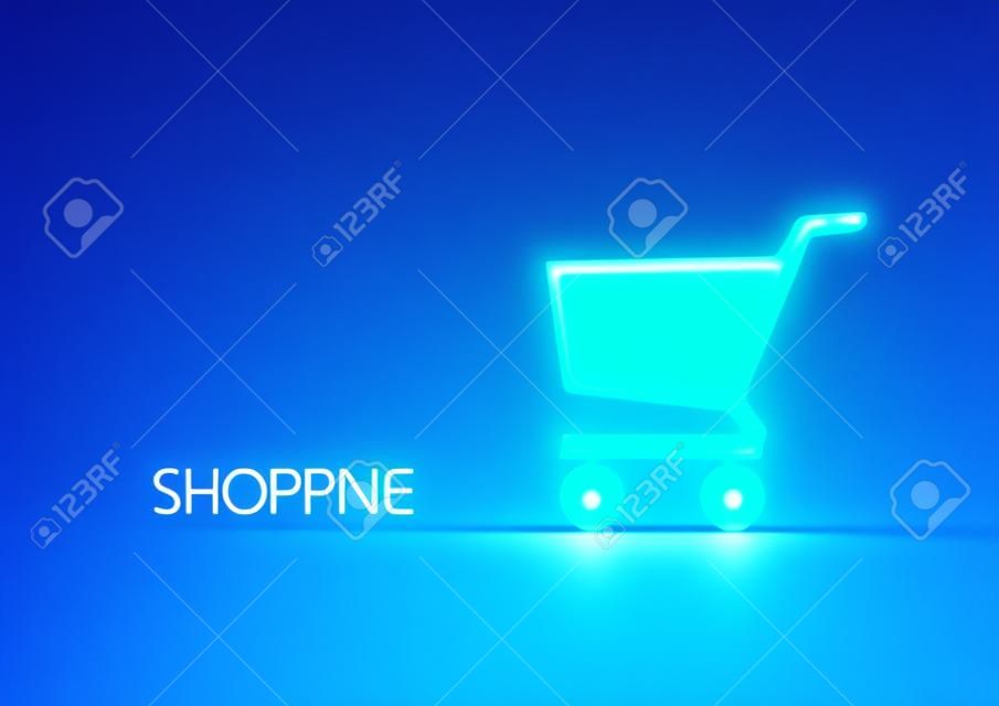 Futuristic online shopping concept with glowing low polygonal shopping cart on dark blue background.