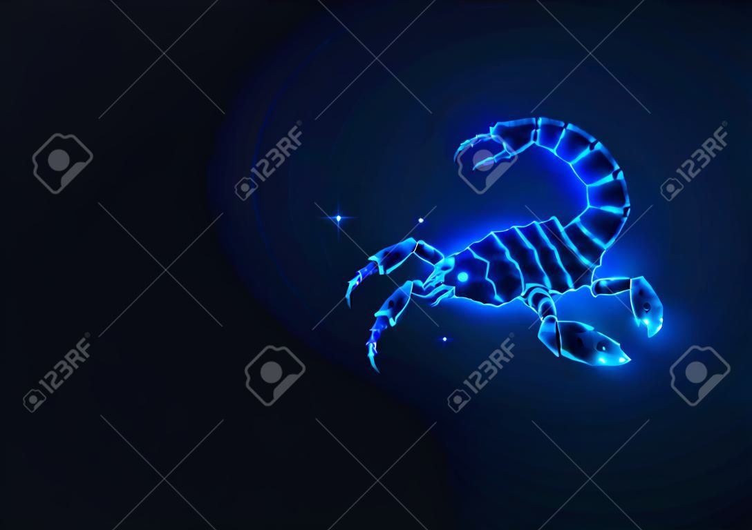 Futurystyczny świecący niski wielokątny skorpion na białym tle na ciemnym niebieskim tle.