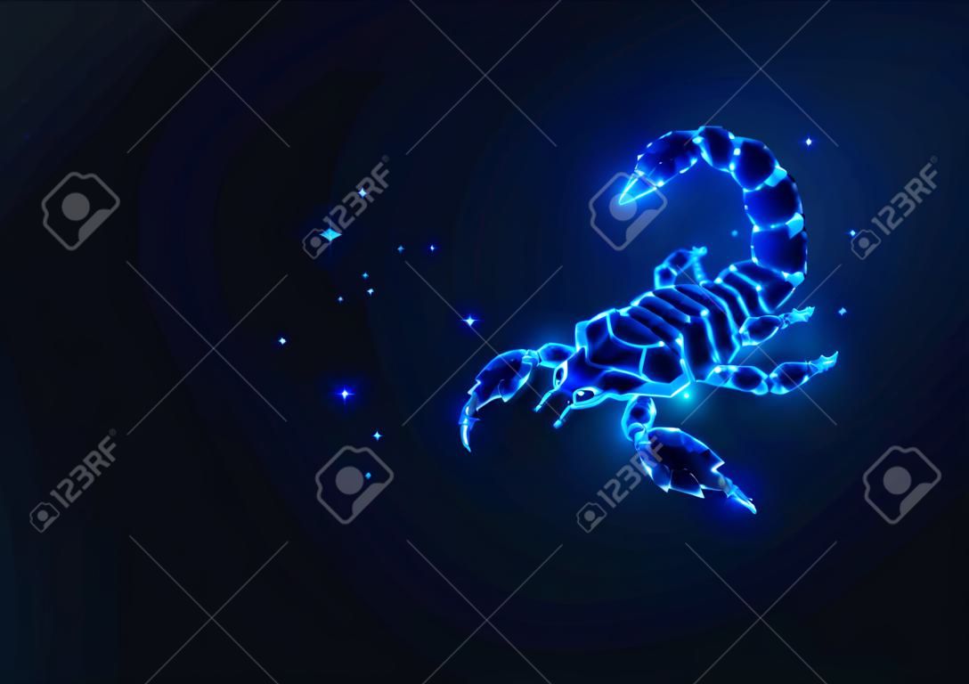 Futurystyczny świecący niski wielokątny skorpion na białym tle na ciemnym niebieskim tle.