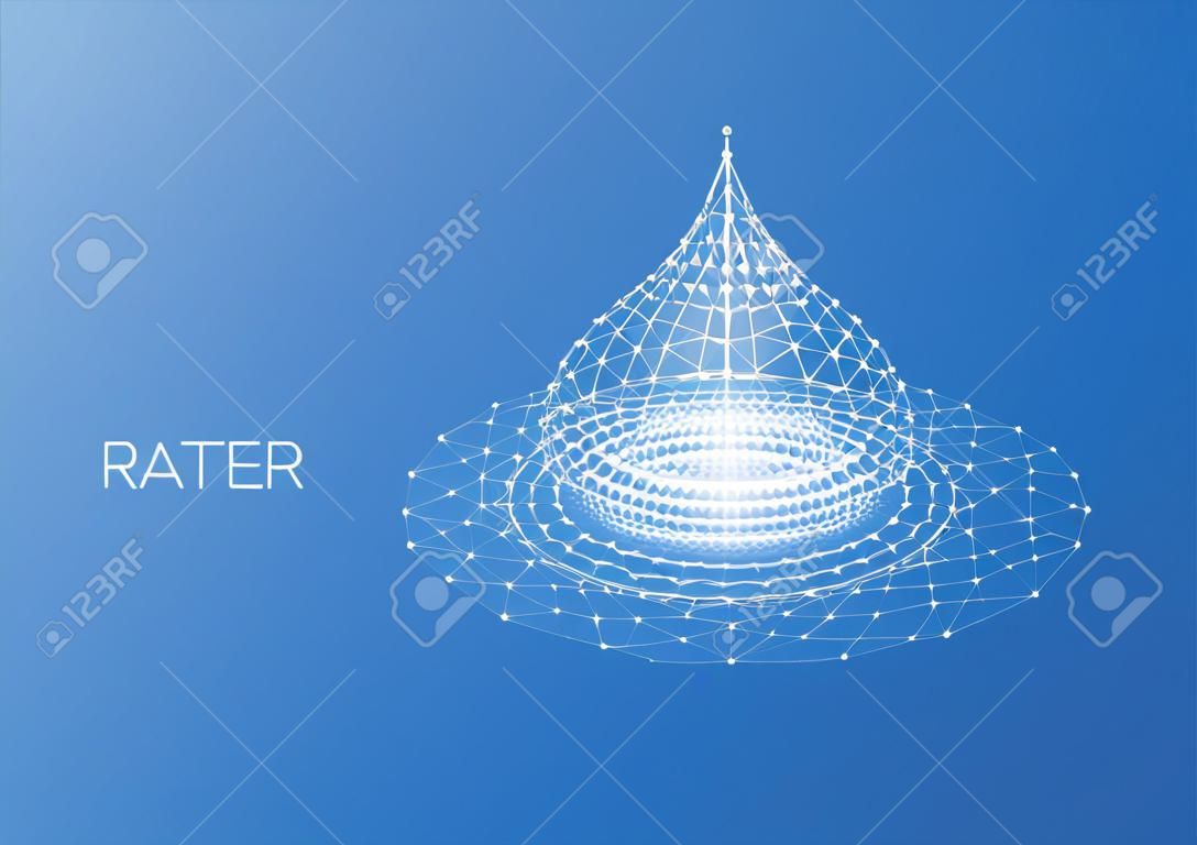 Futuristic low polygonal water drop with splash ripples made of lines, dots on blue.