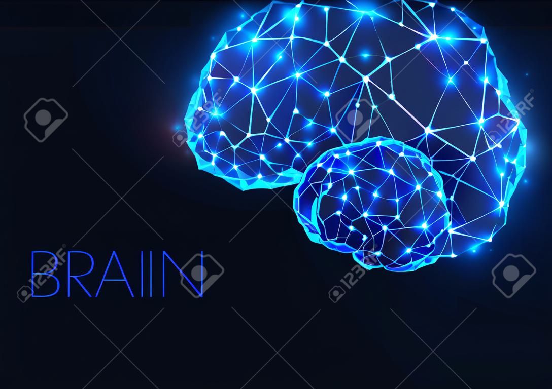 Futuristic glowing low polygonal brain as connected lines, stars isolated on dark blue background.