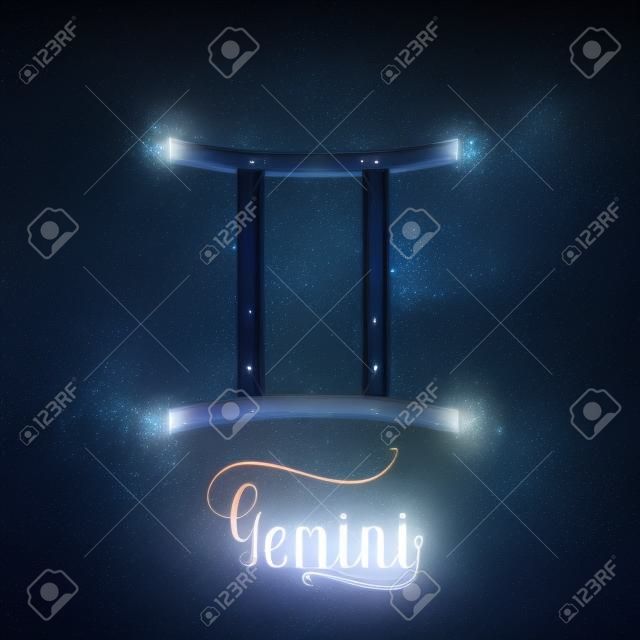 Futuristic glowing low polygonal Gemini zodiac sign concept on dark blue background.