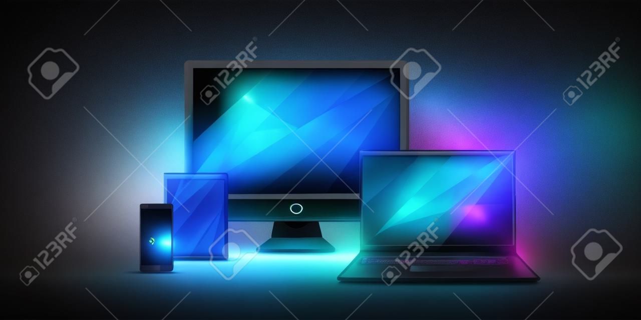 Futuristic set of computer monitor, laptop, tablet, smartphone with glowing low polygonal style