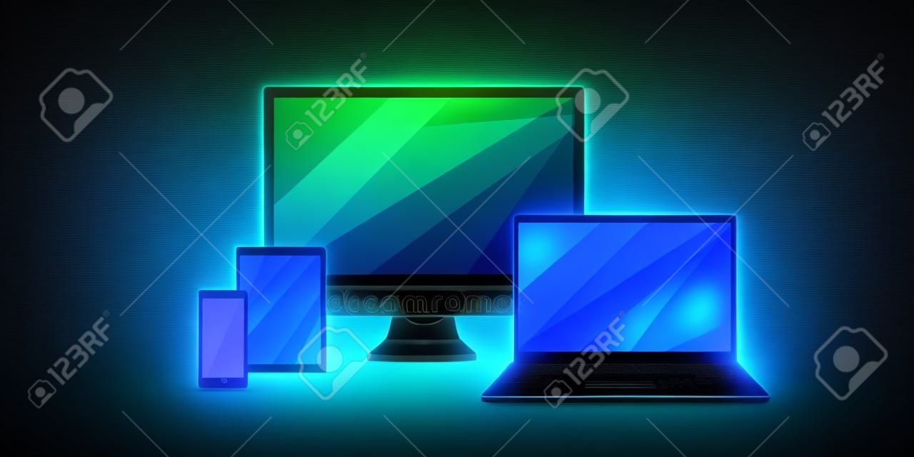 Futuristic set of computer monitor, laptop, tablet, smartphone with glowing low polygonal style