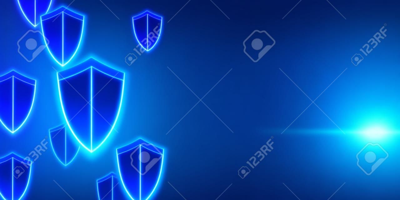 Futuristic cyber security, protection concept banner with glowing shields, copy space on dark blue