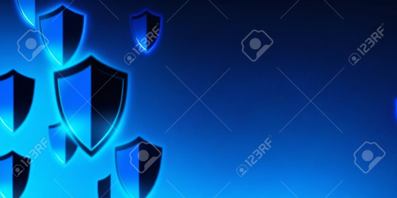 Futuristic cyber security, protection concept banner with glowing shields, copy space on dark blue