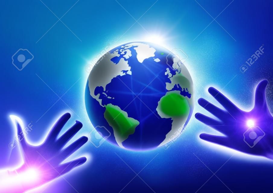 Concept of metaverse world with hands and planet earth globe in futuristic style on blue to purple