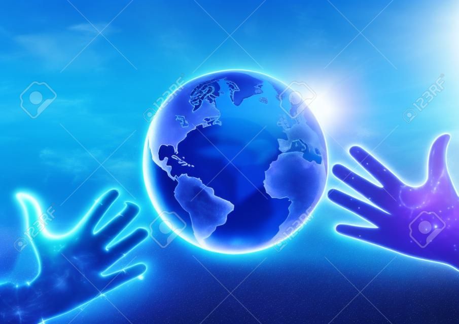 Concept of metaverse world with hands and planet earth globe in futuristic style on blue to purple