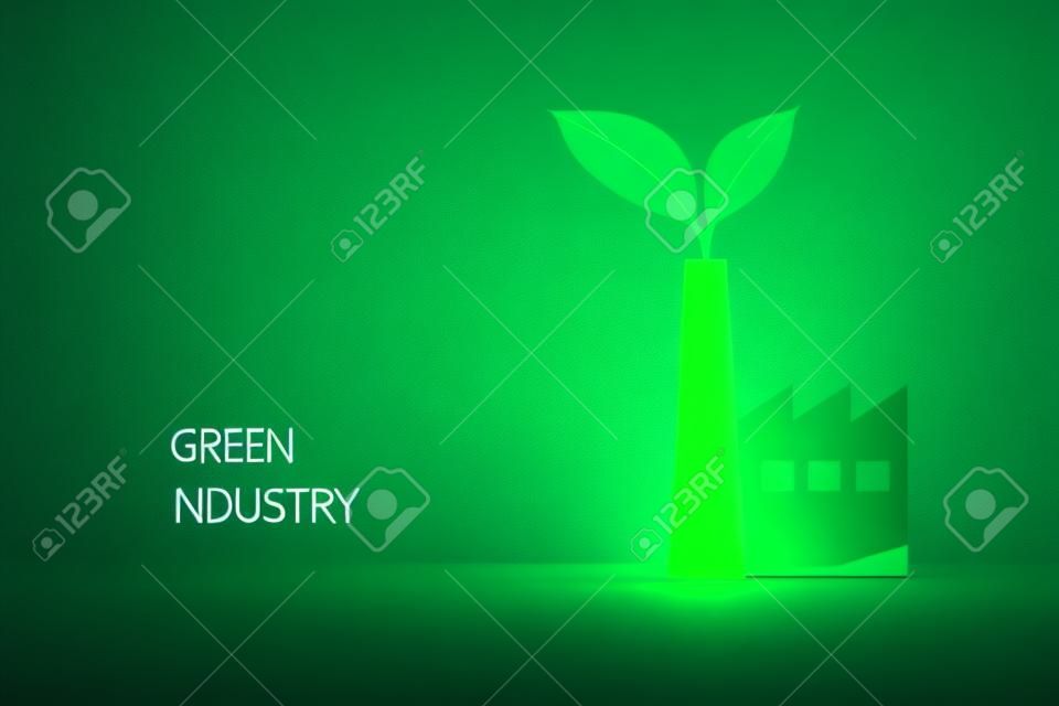 Conceito verde da indústria com fábrica e folhas no estilo poligonal baixo brilhante futurista no azul