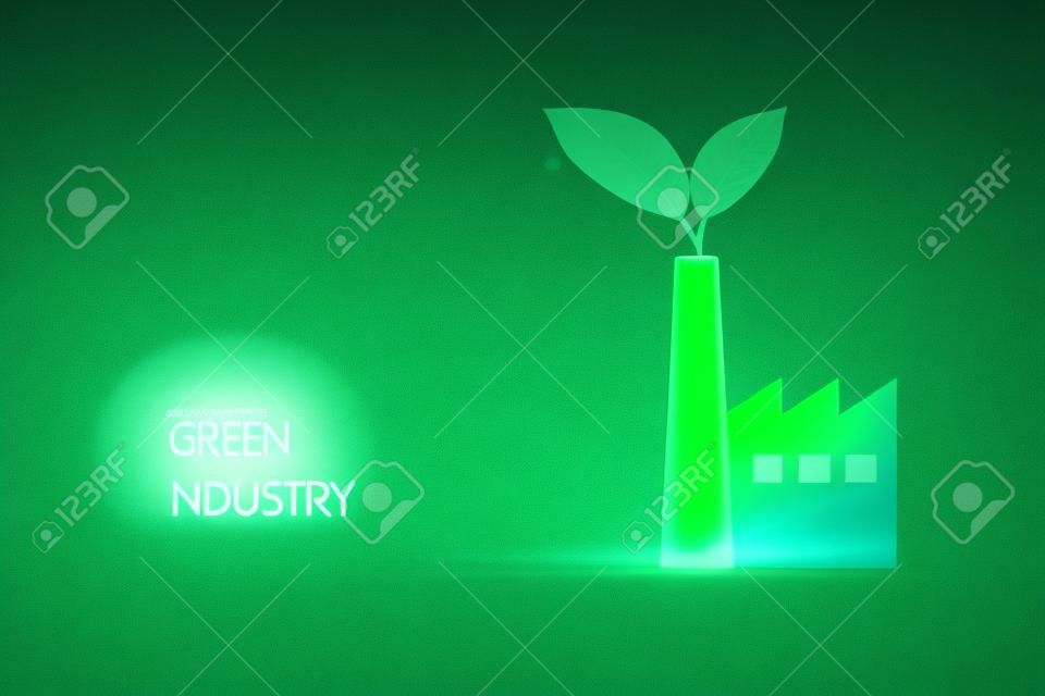 Conceito verde da indústria com fábrica e folhas no estilo poligonal baixo brilhante futurista no azul