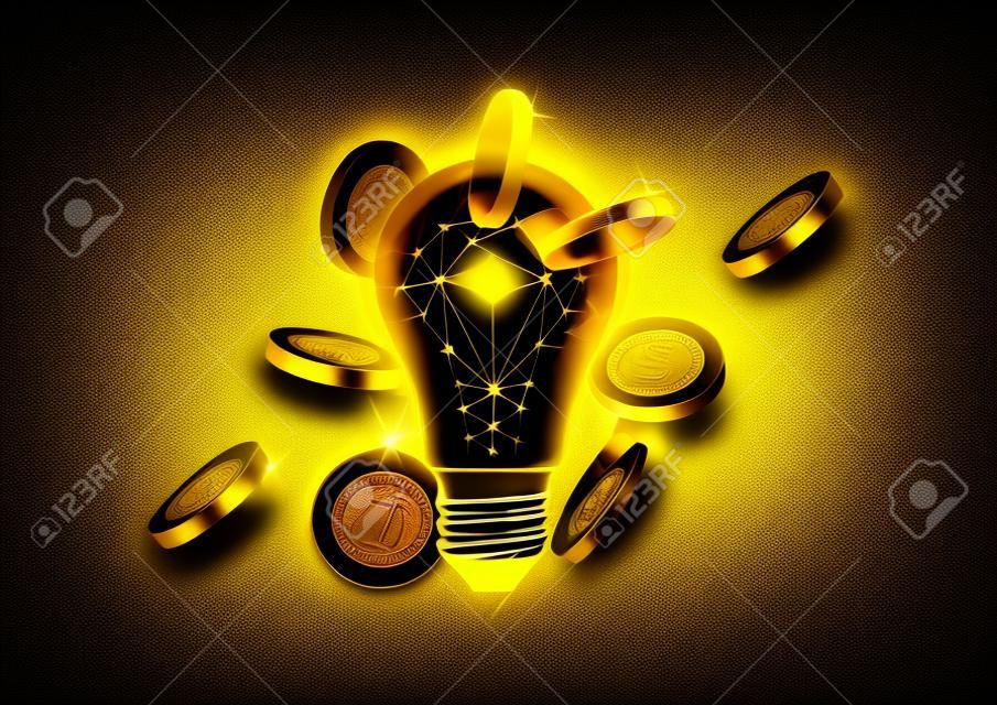 Concept of growing business idea, startup investment. Gold lightbulb and coins on black background