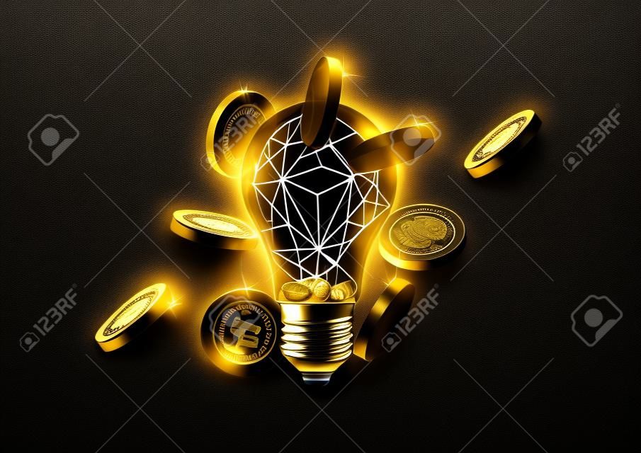 Concept of growing business idea, startup investment. Gold lightbulb and coins on black background