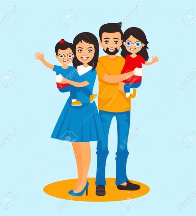 Père, mère, fils et fille. Les parents tiennent leurs enfants. Famille heureuse. Illustration vectorielle dans un style plat.