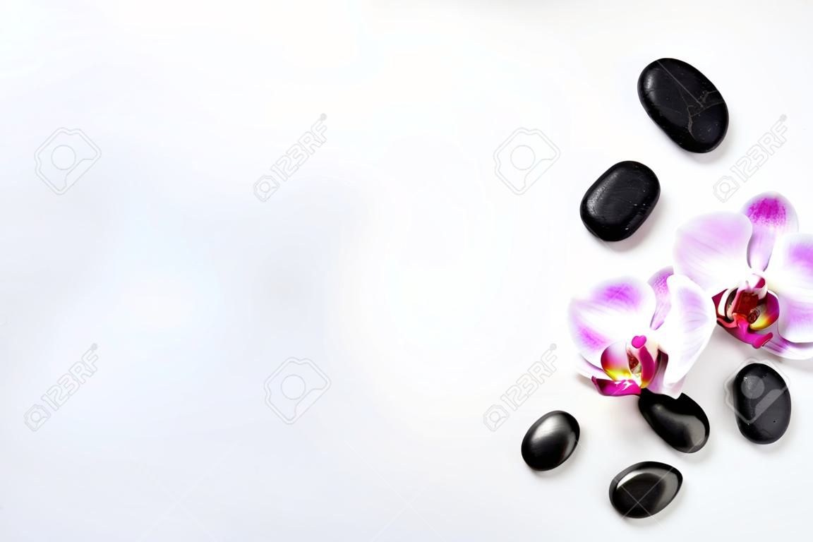 Pedras pretas do spa com vista superior da flor da orquídea no fundo de madeira branco. Fundo da pedra da meditação. Conceito do tratamento do spa do relaxamento.