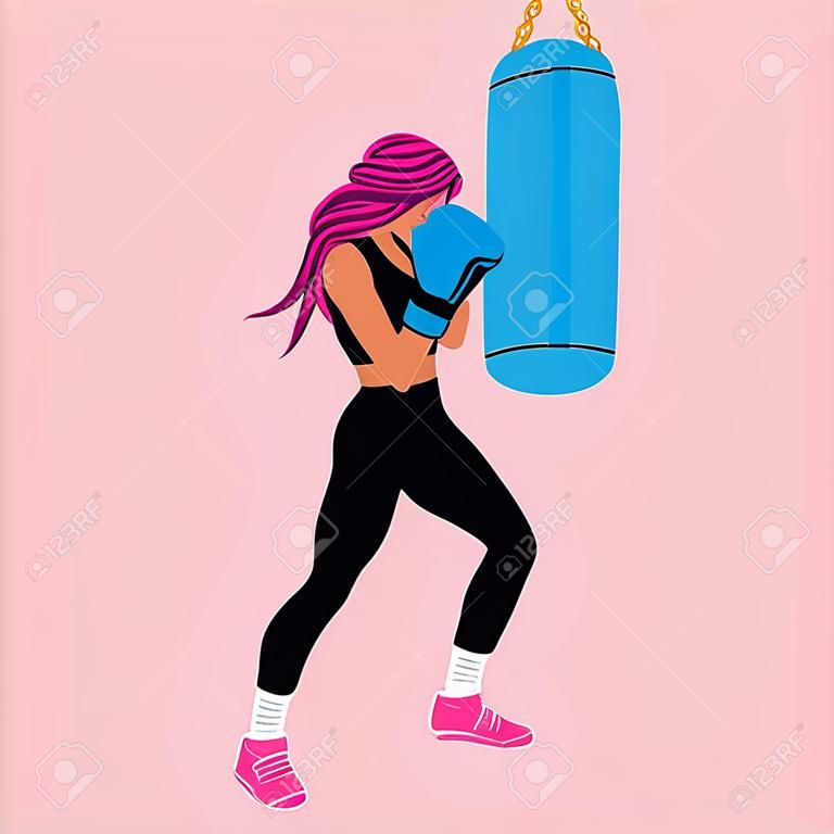 Vrouw in bokshandschoenen poseren op bokszak in sportkleding. meisje power concept. cartoon vector illustratie