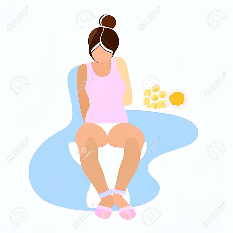 Young woman with diarrhea or constipation sitting on toilet bowl with microorganisms image.  Flat modern trendy style.Vector illustration character icon. Digestive system problems.