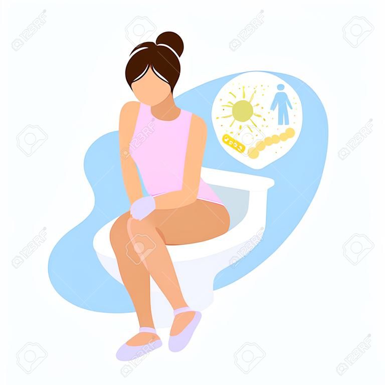 Mulher jovem com diarreia ou constipação sentada na tigela do vaso sanitário com imagem de microorganismos. Estilo moderno liso da moda. cone do personagem da ilustração do vetor. Problemas do sistema digestivo.