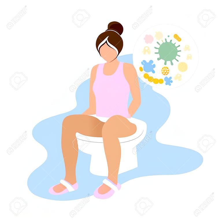 Young woman with diarrhea or constipation sitting on toilet bowl with microorganisms image.  Flat modern trendy style.Vector illustration character icon. Digestive system problems.