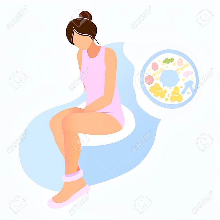 Mulher jovem com diarreia ou constipação sentada na tigela do vaso sanitário com imagem de microorganismos. Estilo moderno liso da moda. cone do personagem da ilustração do vetor. Problemas do sistema digestivo.