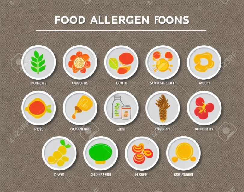 Colorful food safety allergy icons set. 14 food ingredients that must be declared as allergens in the EU.