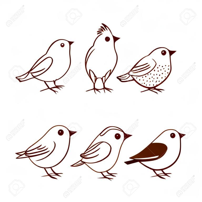 Handgezeichnete süße kleine Vögel in verschiedenen Posen, isoliert auf weißem Hintergrund. Vektor-Illustration.