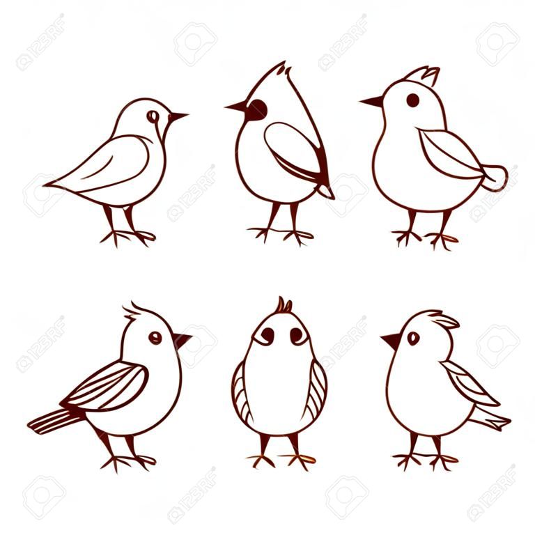 Hand getrokken schattige kleine vogels in verschillende poses, geïsoleerd op witte achtergrond. Vector illustratie.