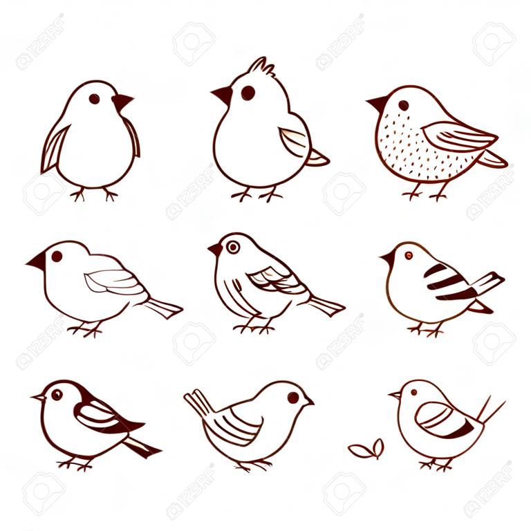 Ręcznie rysowane słodkie małe ptaszki w różnych pozach, izolowana na białym tle. ilustracji wektorowych.
