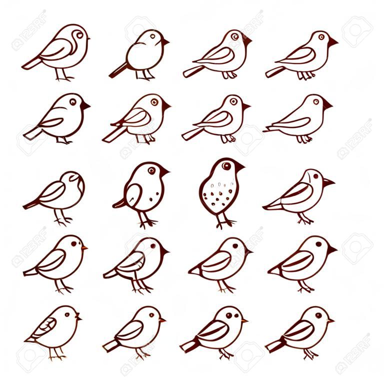 Handgezeichnete süße kleine Vögel in verschiedenen Posen, isoliert auf weißem Hintergrund. Vektor-Illustration.