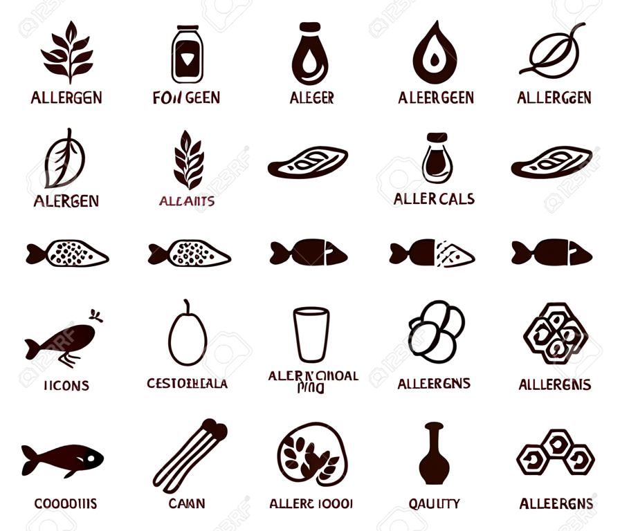 Zestaw ikon alergenów pokarmowych. ikony głównych składników, które należy zadeklarować jako alergeny. bardzo przydatne do menu restauracji i posiłków. monochromatyczne ikony wektorowe.