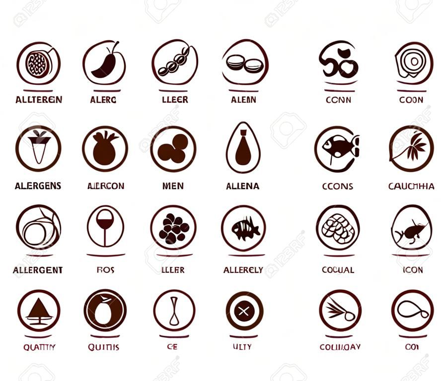 Zestaw ikon alergenów pokarmowych. ikony głównych składników, które należy zadeklarować jako alergeny. bardzo przydatne do menu restauracji i posiłków. monochromatyczne ikony wektorowe.