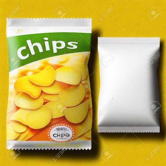 Chips de diseño de envases realista con la plantilla blanca en blanco