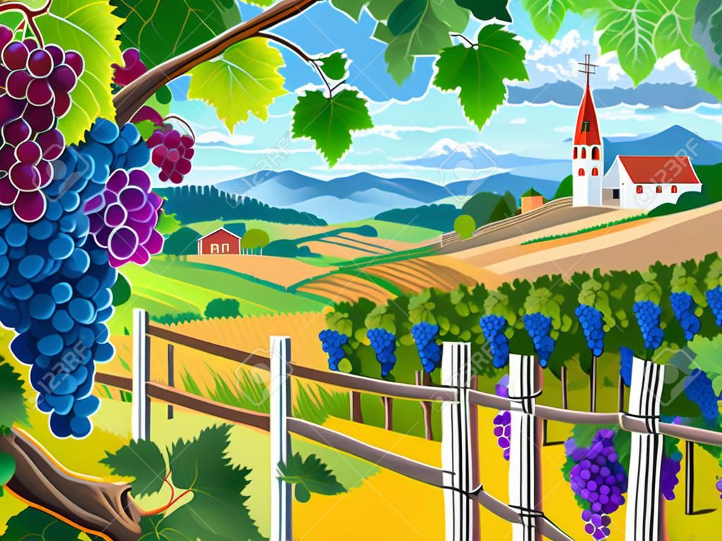 Paisaje rural con viñedos y racimos de uvas
