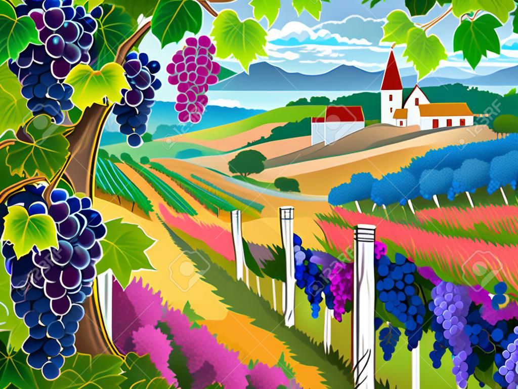 Paisaje rural con viñedos y racimos de uvas