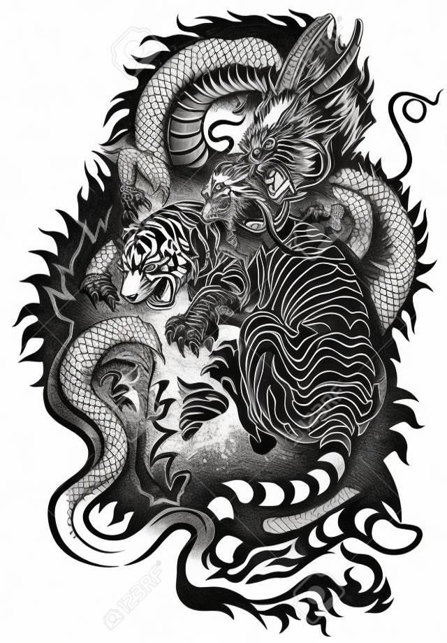 Дракон и тигр боевых черно-белые иллюстрации татуировки