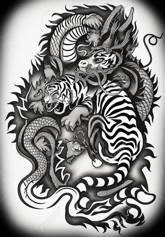 dragón y tigre luchando Ejemplo blanco y negro del tatuaje