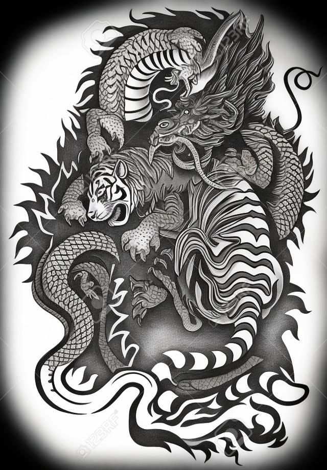 dragón y tigre luchando Ejemplo blanco y negro del tatuaje