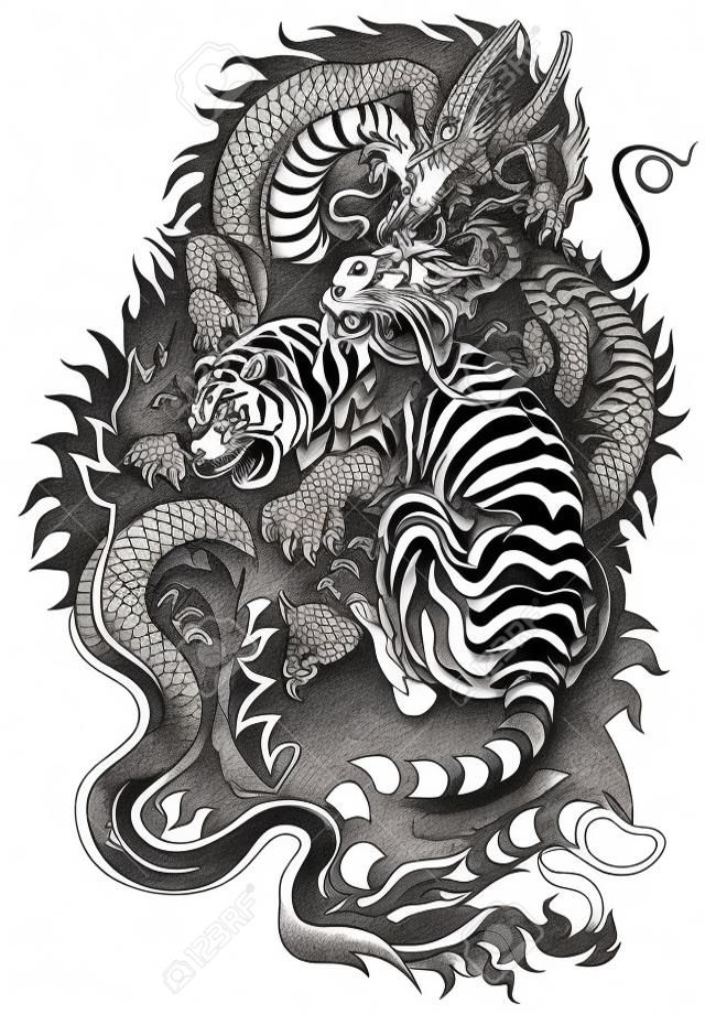 龍與虎鬥的黑白紋身圖