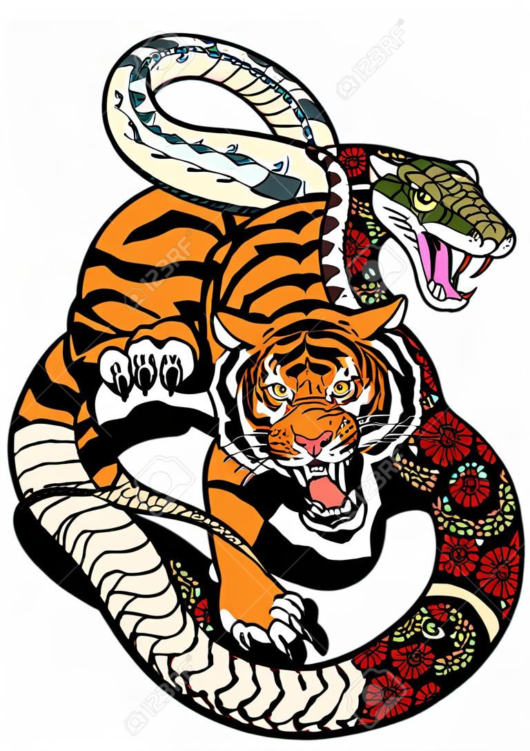 Slang en tijger vechten, tatoeage illustratie